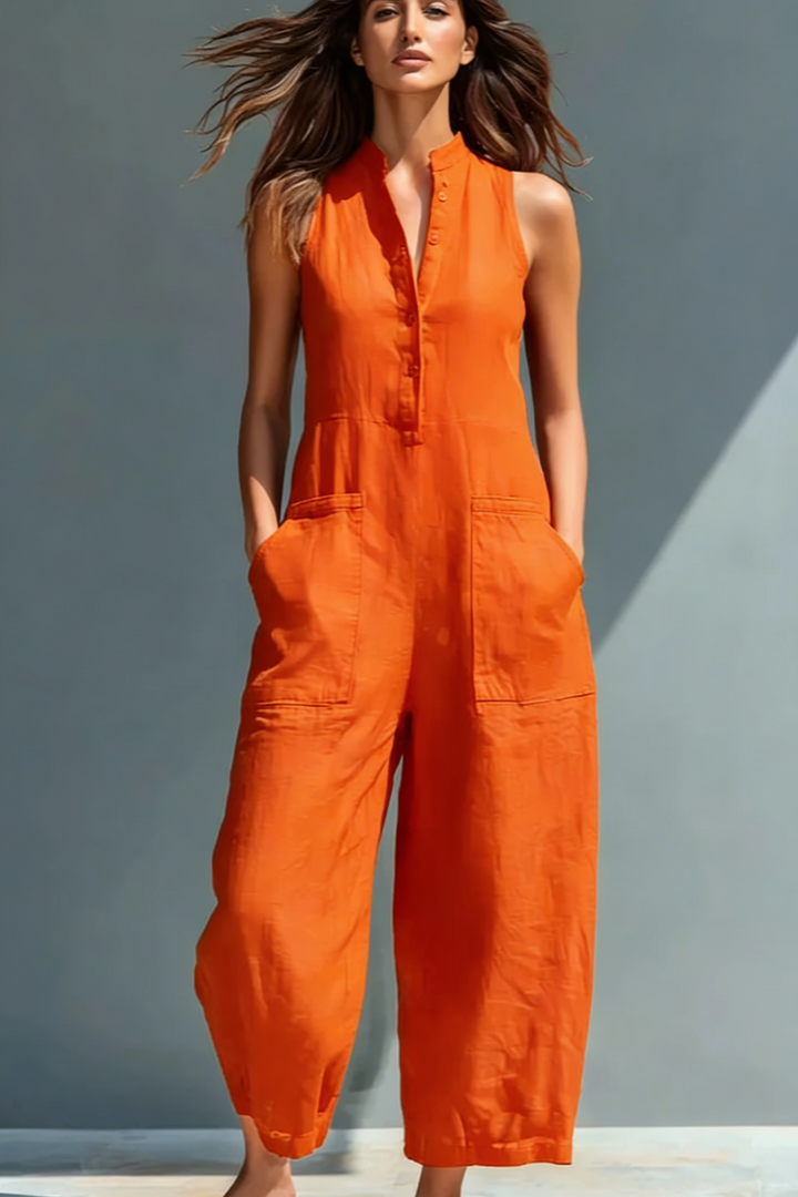 Black Linen-Blend Stand Collar Sleeveless Jumpsuit