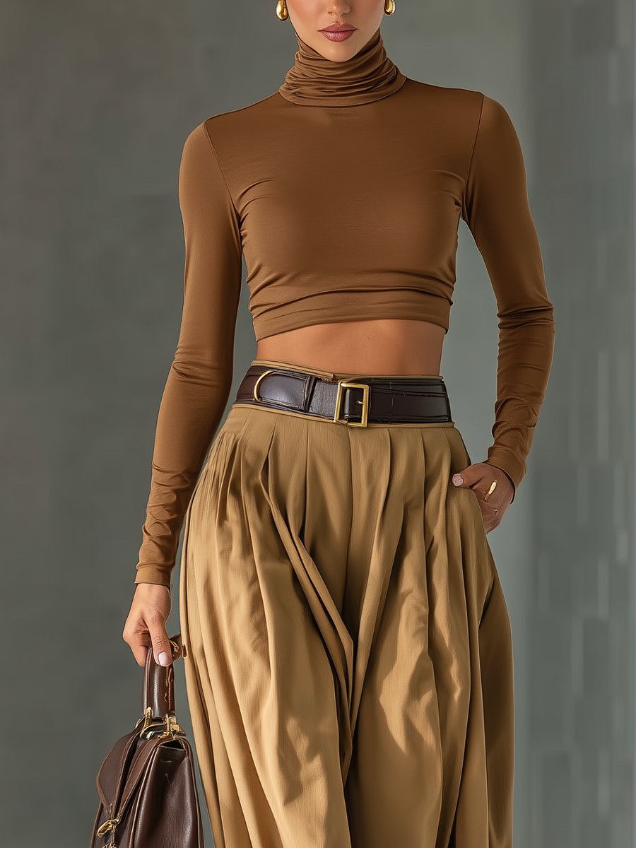 Women's Blended Brown Top And Wide-leg Pants Set