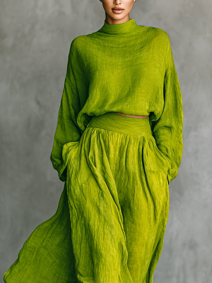 Women's Green Turtleneck Top and Maxi Skirt Set