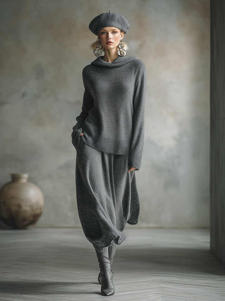 Elegant Minimalist Gray Hooded Sweater Skirt Set
