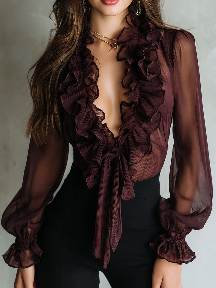 Retro-Bluse mit Rüschen und Knoten vorne