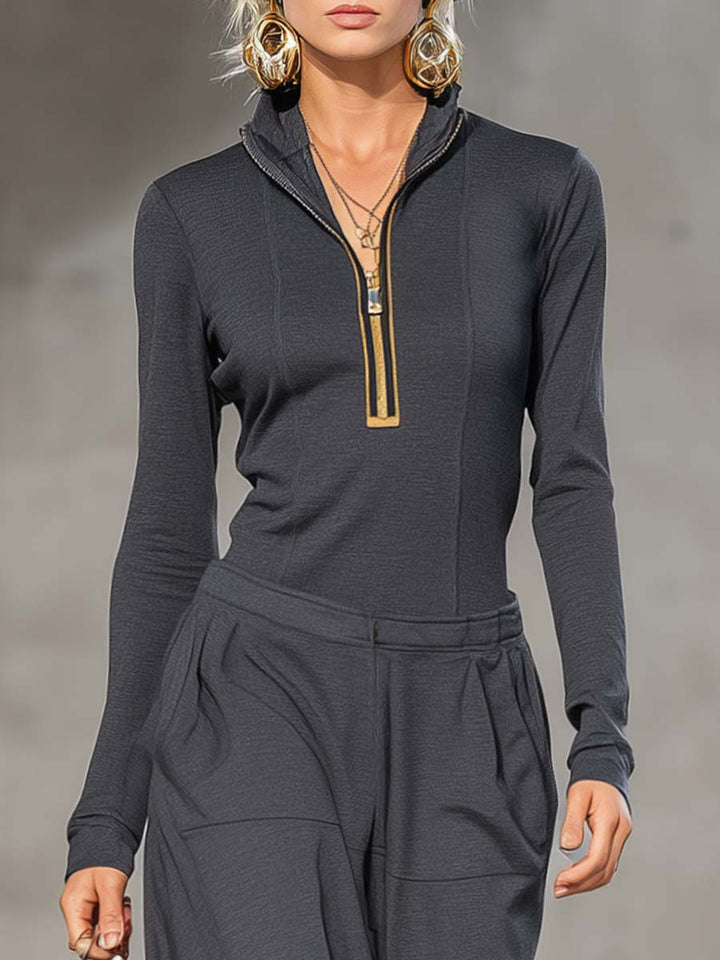 Casual retro sport mørkegrå halv-høj krave front lynlås langærmet top og brede bukser sæt