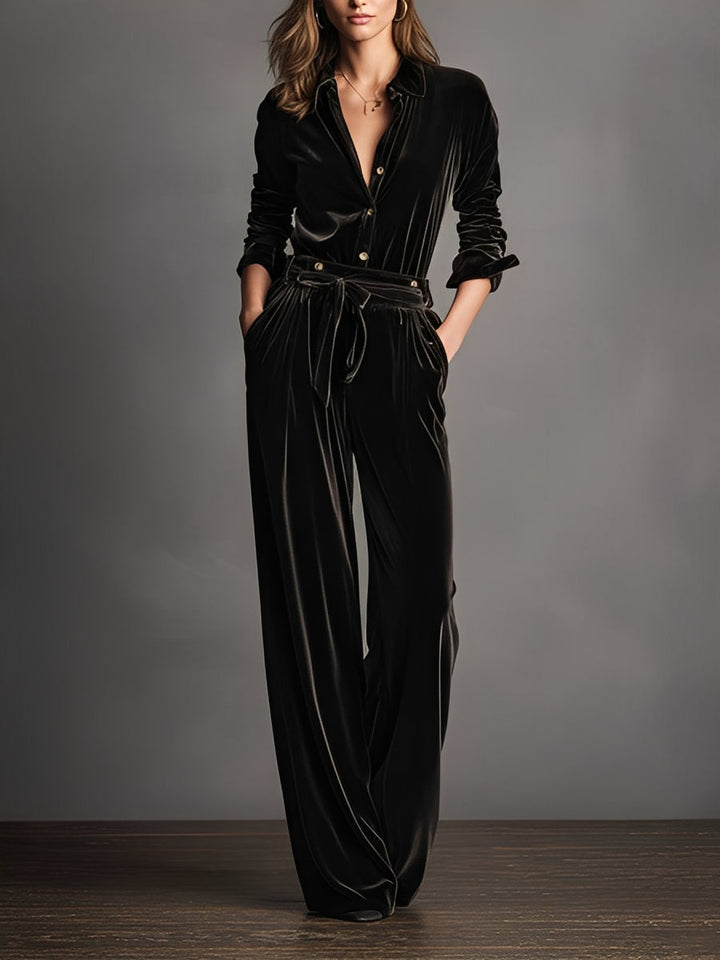 Women's Black Velvet Lace-up Elegant Gold Button Jumpsuit