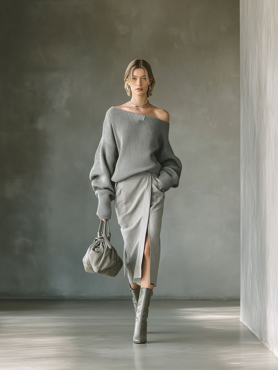 Women's Gray Knitted Sweater And Cotton Blend Air Layer Skirt Set
