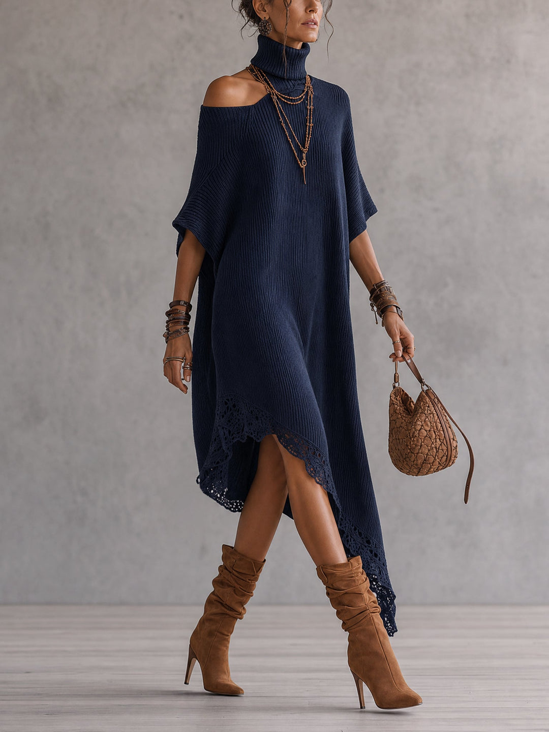 Vestido maxi assimétrico de ombro descoberto