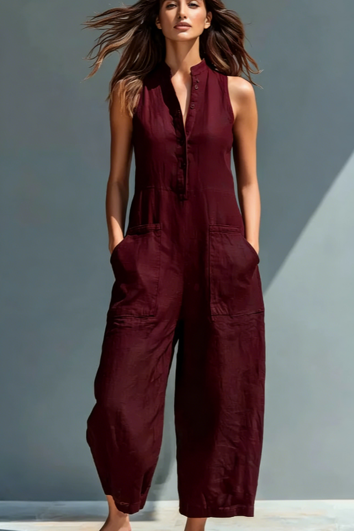 Black Linen-Blend Stand Collar Sleeveless Jumpsuit