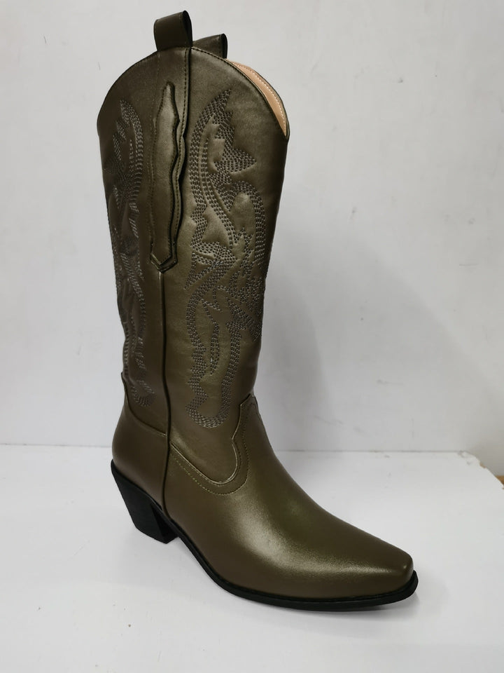 Embroidered Pointed Toe Thick Heel Western Boots