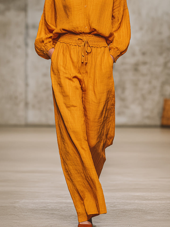 Casual Retro Orange Shirt And Pants Set