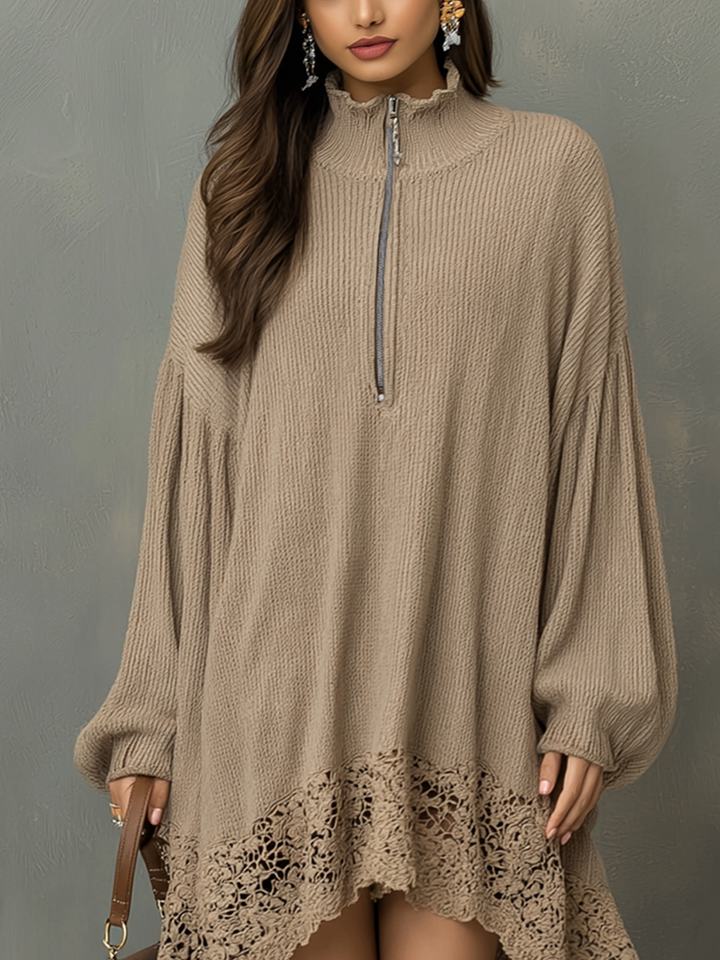 Retro Zipper Collar Lace Hem Knitted Mini Dress