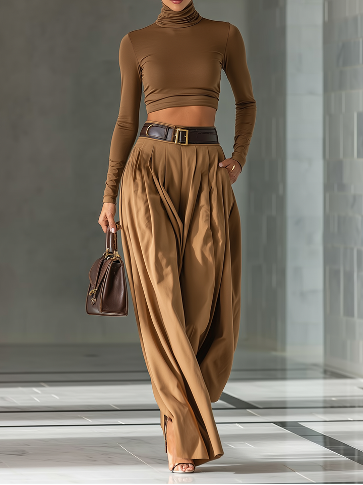 Women's Blended Brown Top And Wide-leg Pants Set