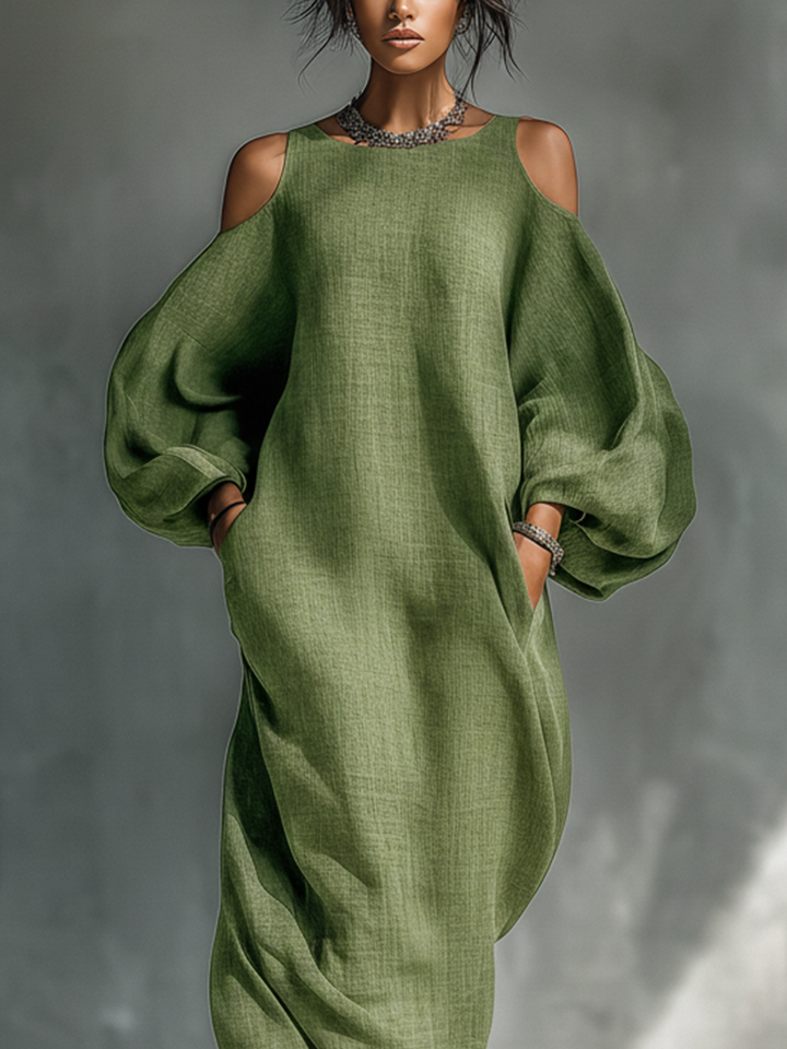 Oversized Puff Sleeves & Side Pockets Cold-Shoulder Maxi Dress