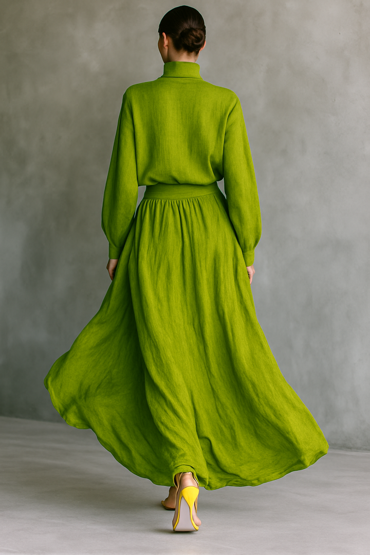 Women's Green Turtleneck Top and Maxi Skirt Set