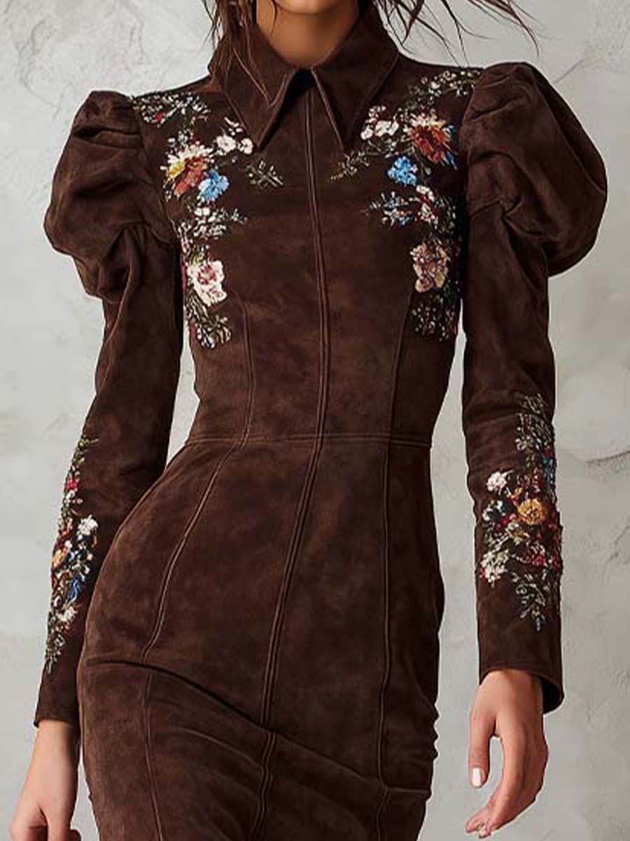 Brown Suede Embroidered Puff Sleeve Midi Dress