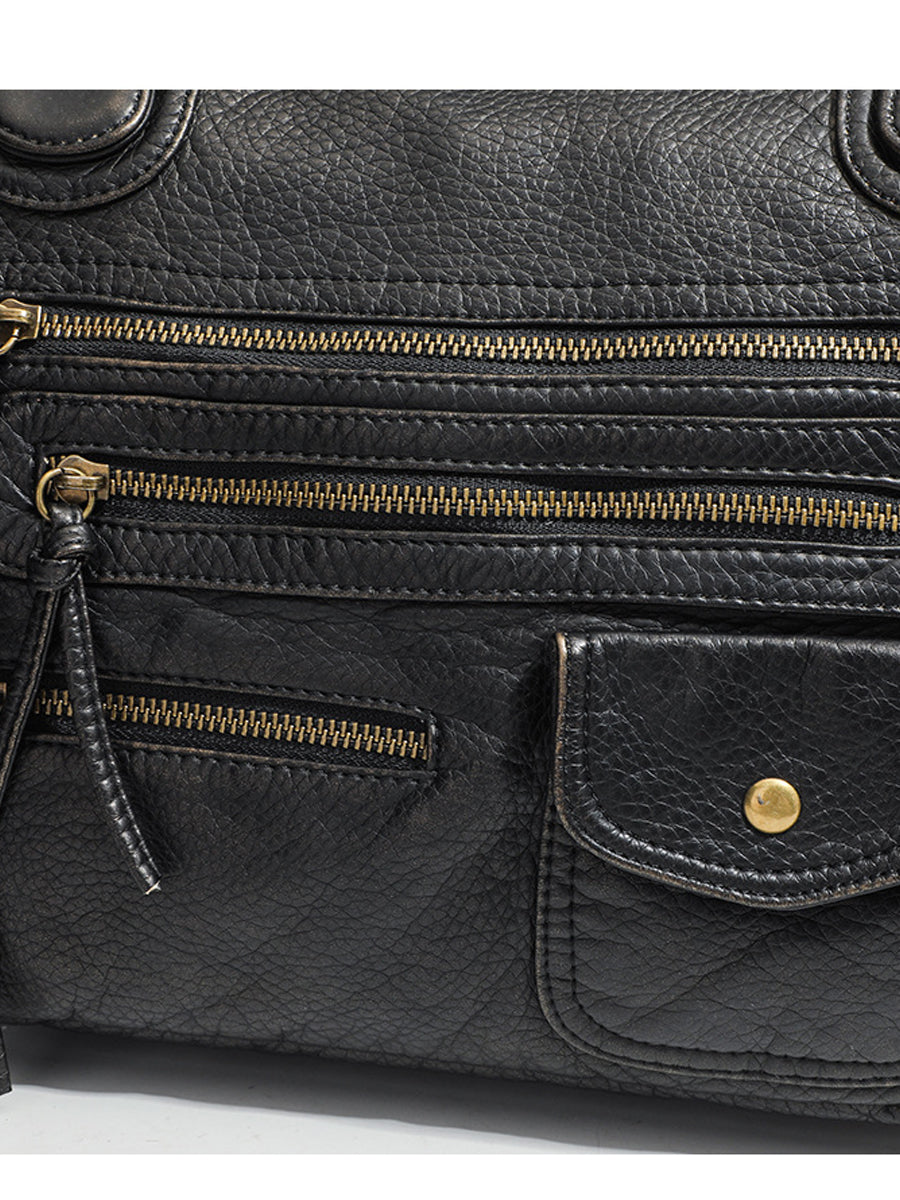Women's Fashionable Distressed Multi-pocket Leather Handbag