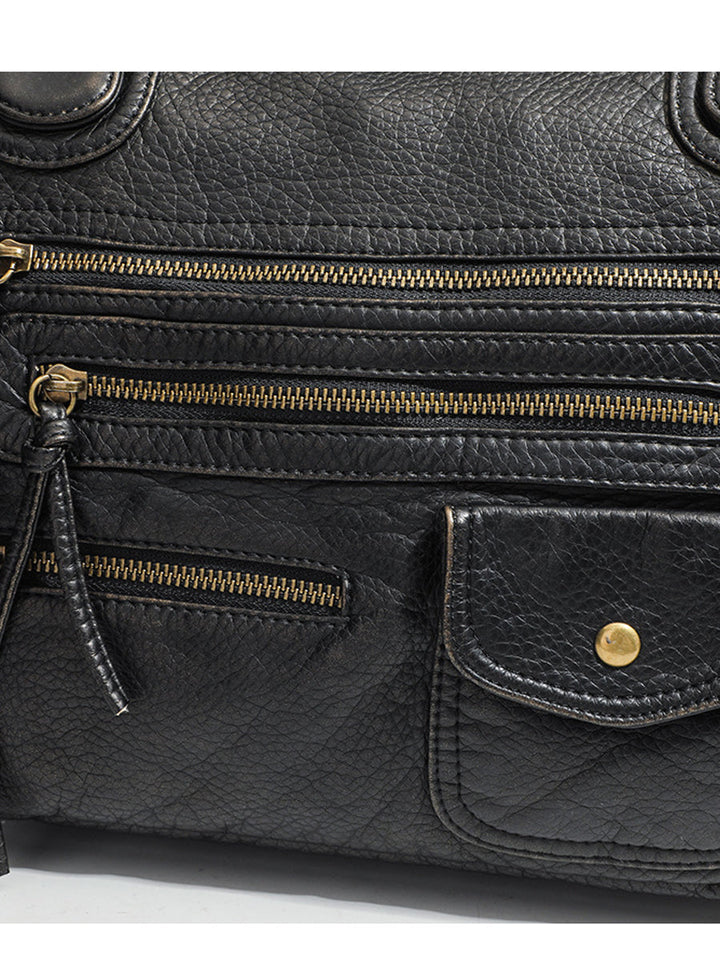 Women's Fashionable Distressed Multi-pocket Leather Handbag
