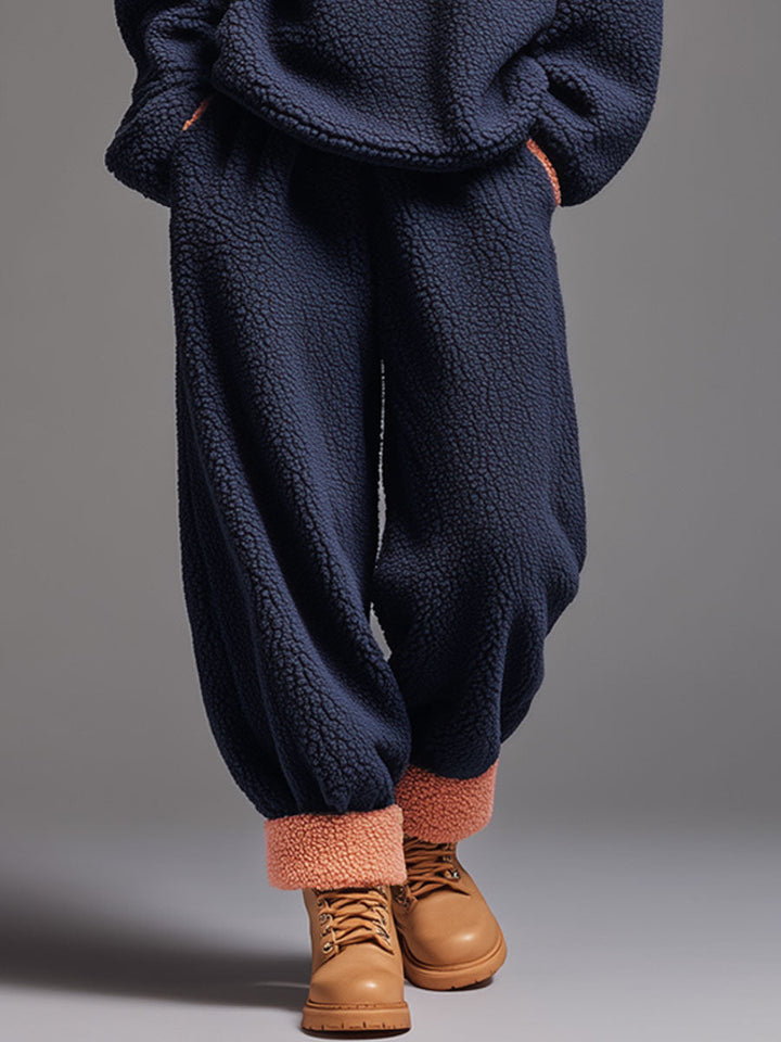 Casual Navy Blue Polar Fleece Half-zip Sweatshirt Pants Sports Set