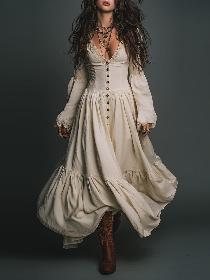 Elegant Vintage Lace Spliced single-breasted Cotton Maxi Dress