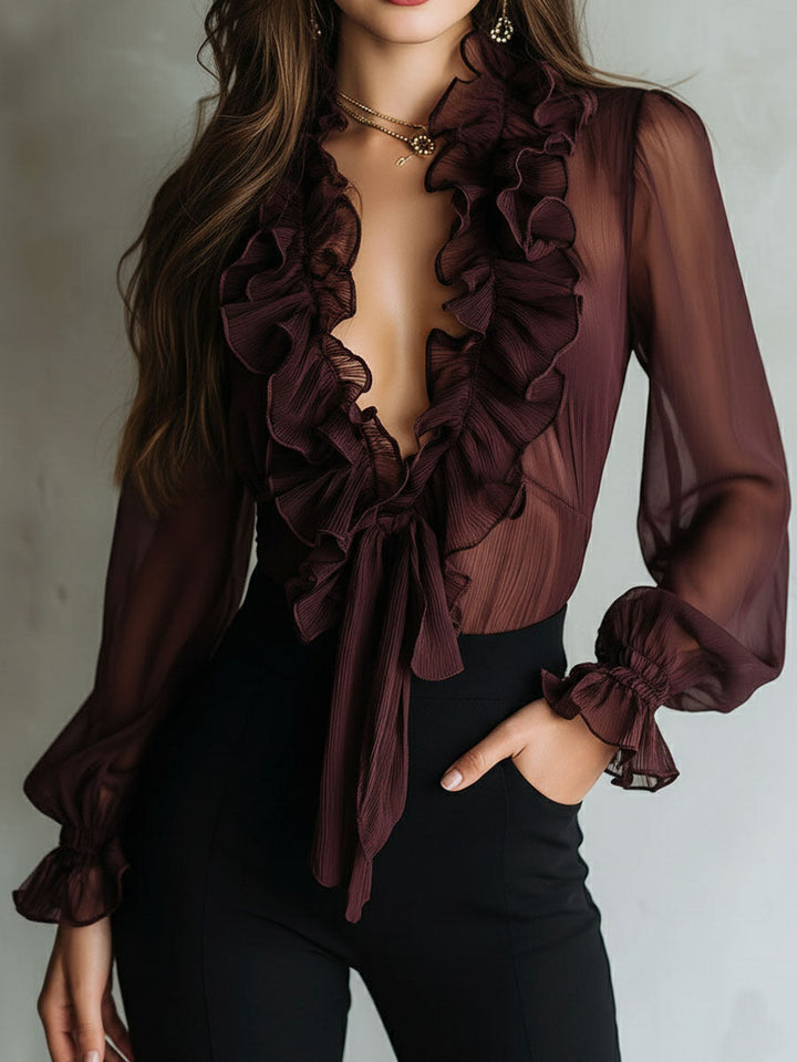 Retro-Bluse mit Rüschen und Knoten vorne
