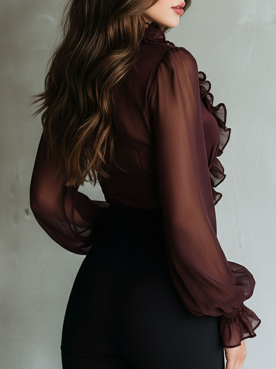 Retro-Bluse mit Rüschen und Knoten vorne