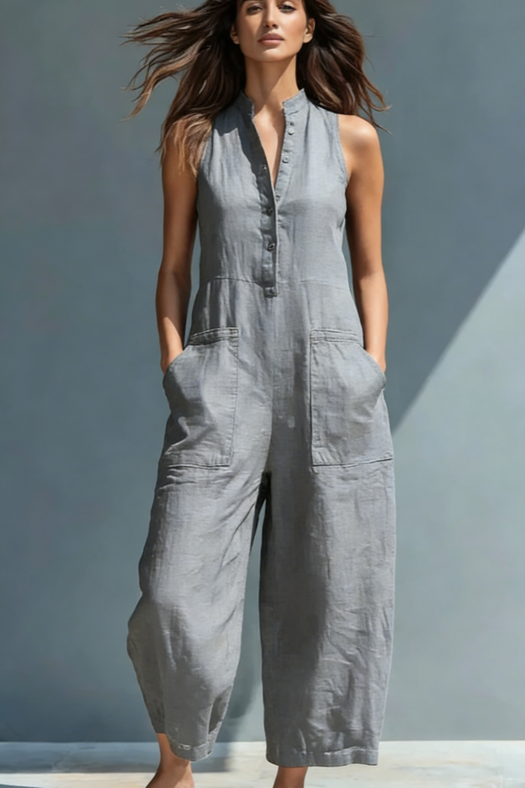 Black Linen-Blend Stand Collar Sleeveless Jumpsuit