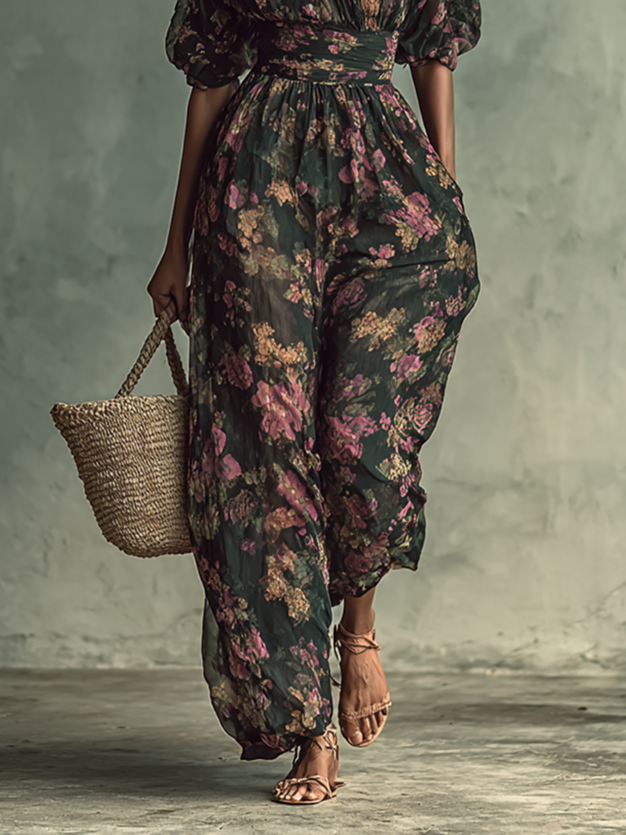 Women's Chiffon Floral Print Bandeau Short Sleeve Waist Jumpsuit