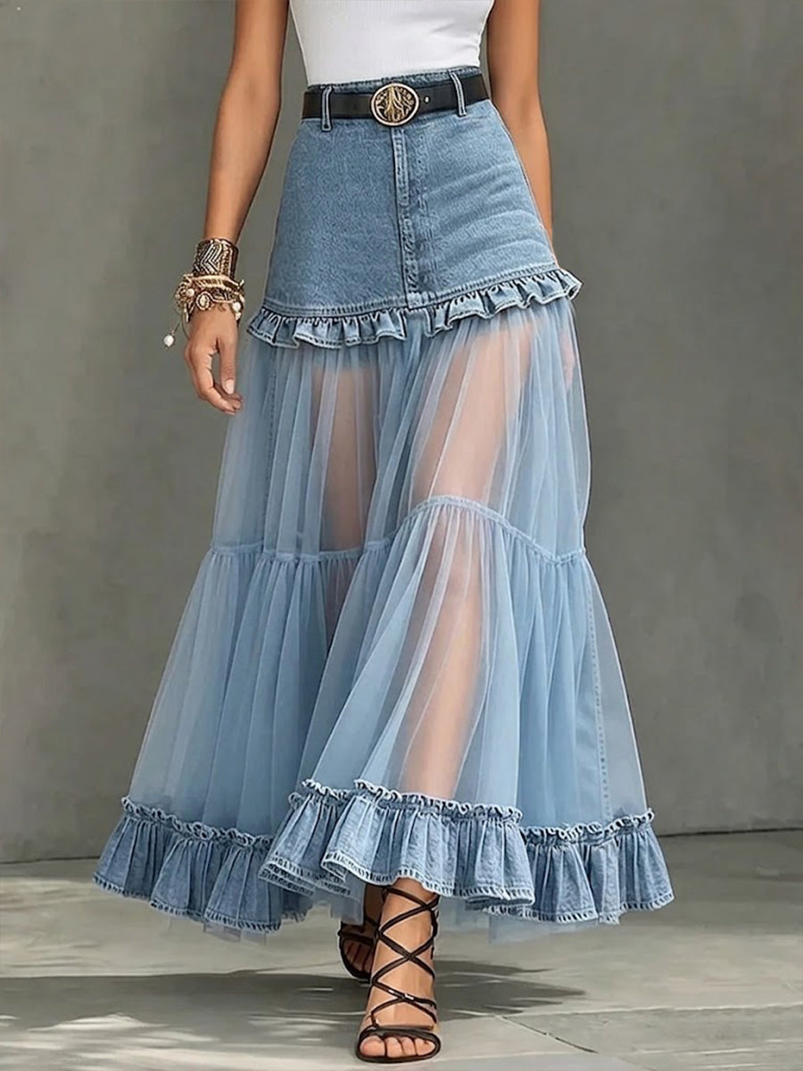 Kaswal na Palda na May Denim na Panel at Ruffled na Chiffon