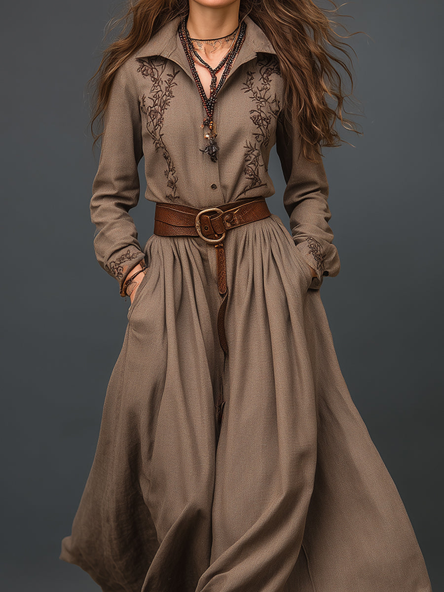 Retro Western Embroidered Cotton Maxi Dress With Belt