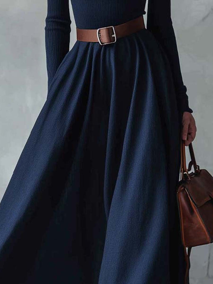 Navy Knit Turtleneck Maxi Dress With Belt