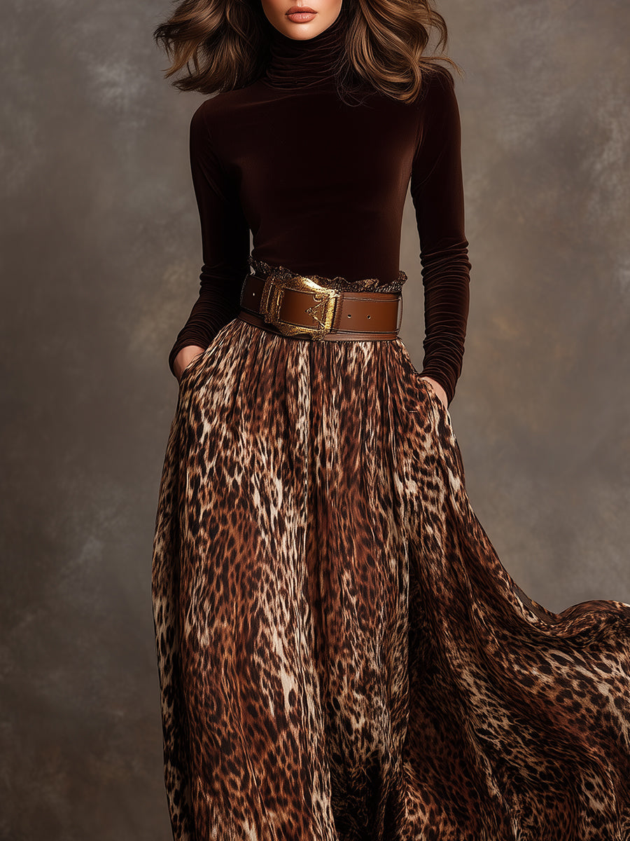 Elegant Turtleneck Velvet Top & Leopard Print Long Skirt Set With Belt