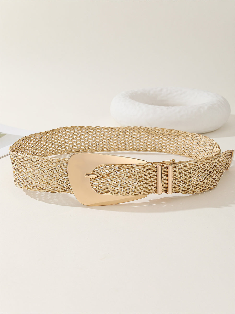 Dámský zlatý elegantní bavlněný a lněný pletený pás s imitací kovu