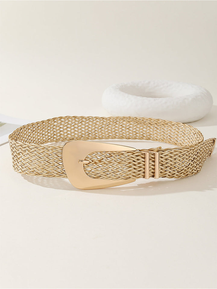 Dámský zlatý elegantní bavlněný a lněný pletený pás s imitací kovu