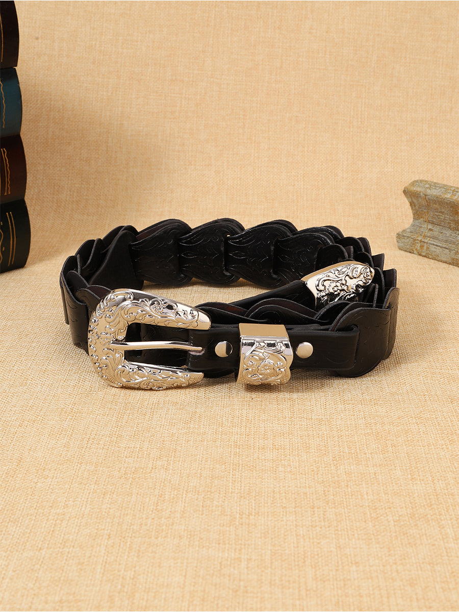 Women's Elegant Western - Style Faux Leather Floral - Embossed Waist Belt