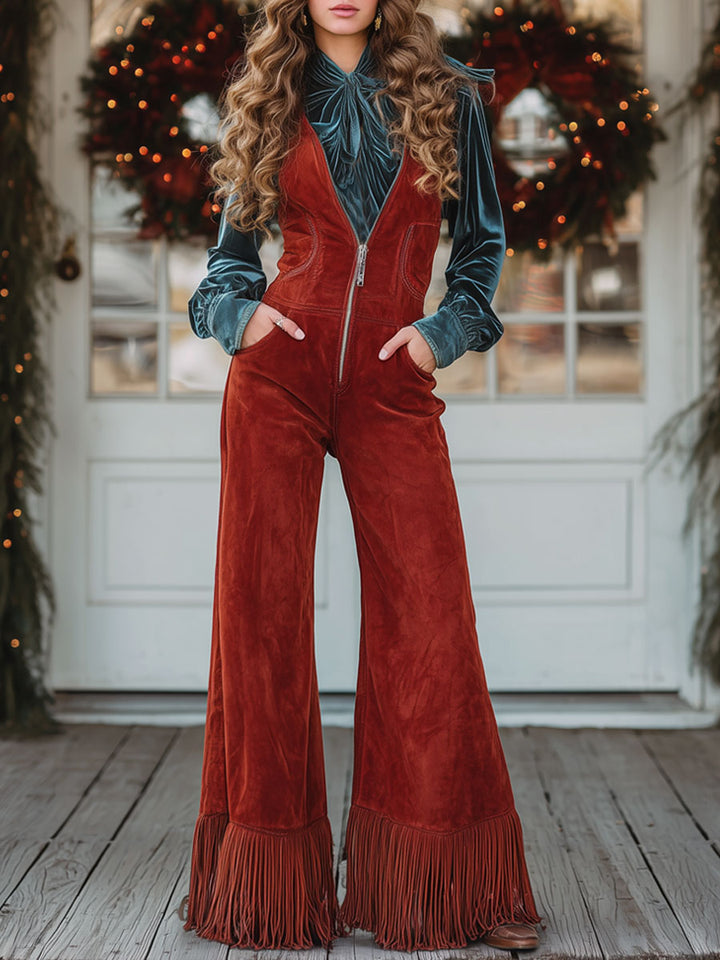 Western Retro V-neck Zipper Red Faux Suede Wide-leg Tassel Overalls