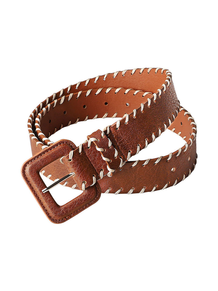 Women's Brown Leather Belt with Stitching Detail