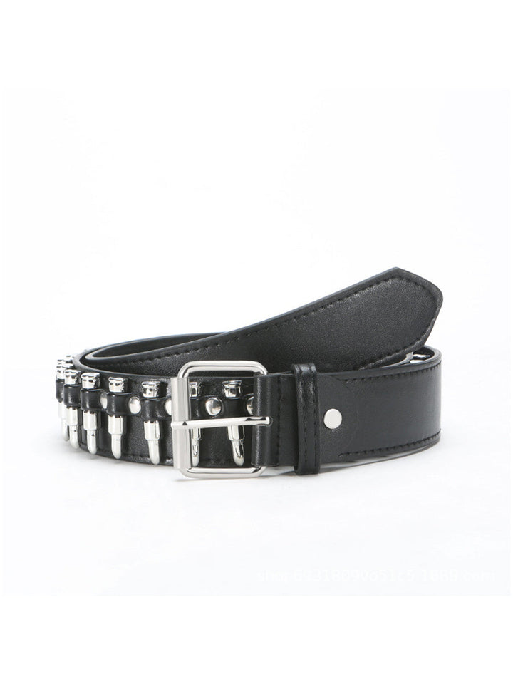 Dámský černý punkový opasek z umělé kůže s hroty zdobený v pase
