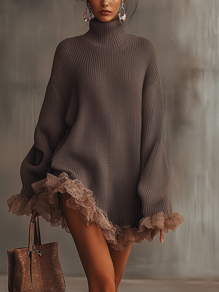 Brown Ruffled Hem Turtleneck Sweater Dress