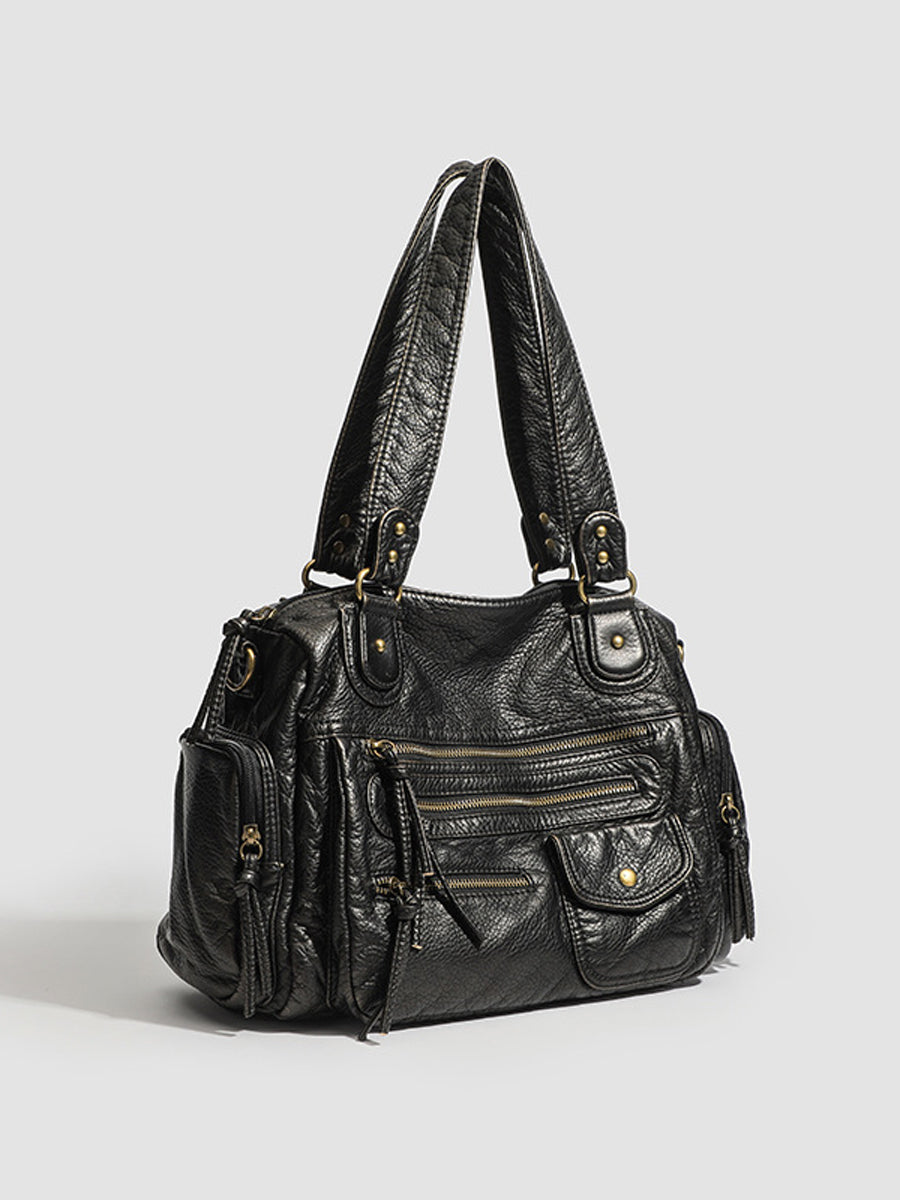 Women's Fashionable Distressed Multi-pocket Leather Handbag