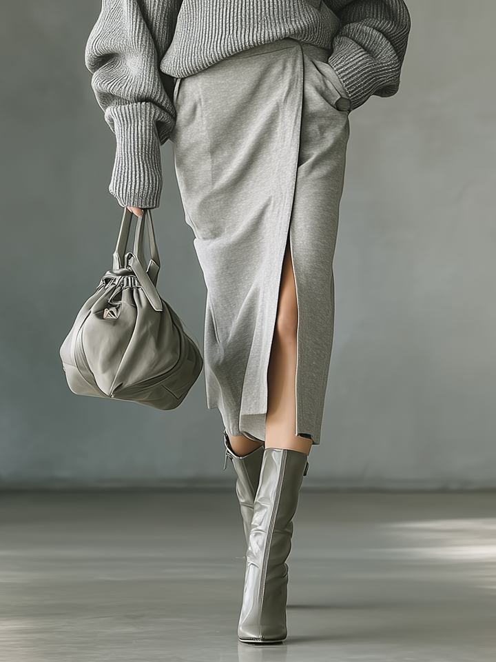 Women's Gray Knitted Sweater And Cotton Blend Air Layer Skirt Set