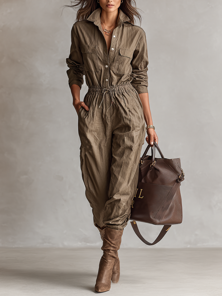 Women's Casual Shirt Collar Button Drawstring Jumpsuit