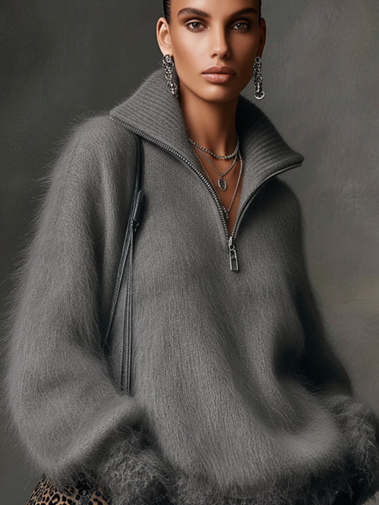 Charcoal Gray Loose Fit Faux Mink Knit Half Zip Long Sleeve Sweater