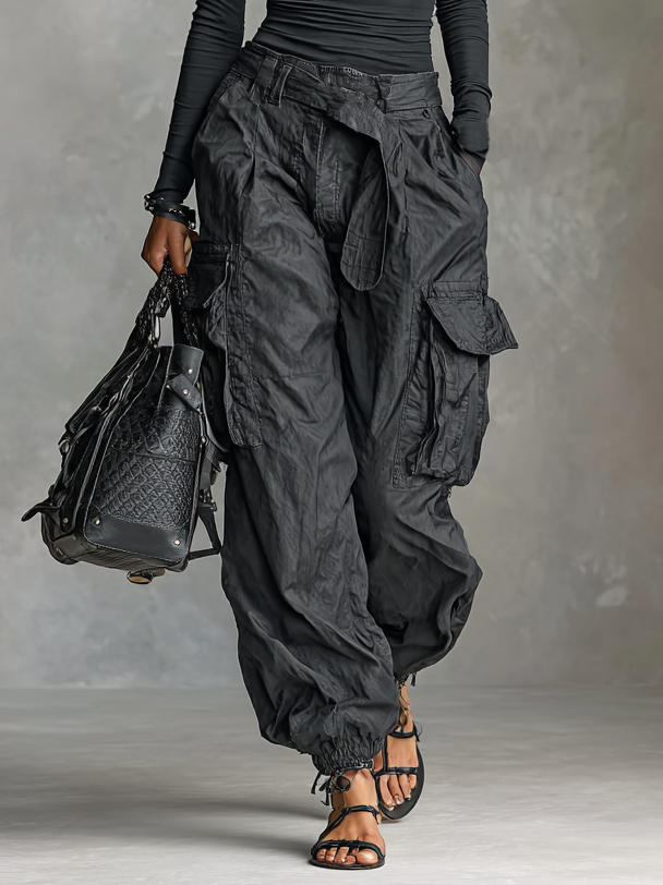 Women's Square Neck Long Sleeve T-Shirt Multi-Pocket Cargo Pants Two-Piece Set