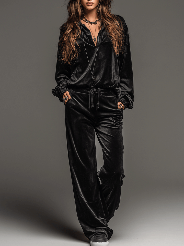 Classic Relaxed Black Velvet Shirt And Wide-Leg Pants Set