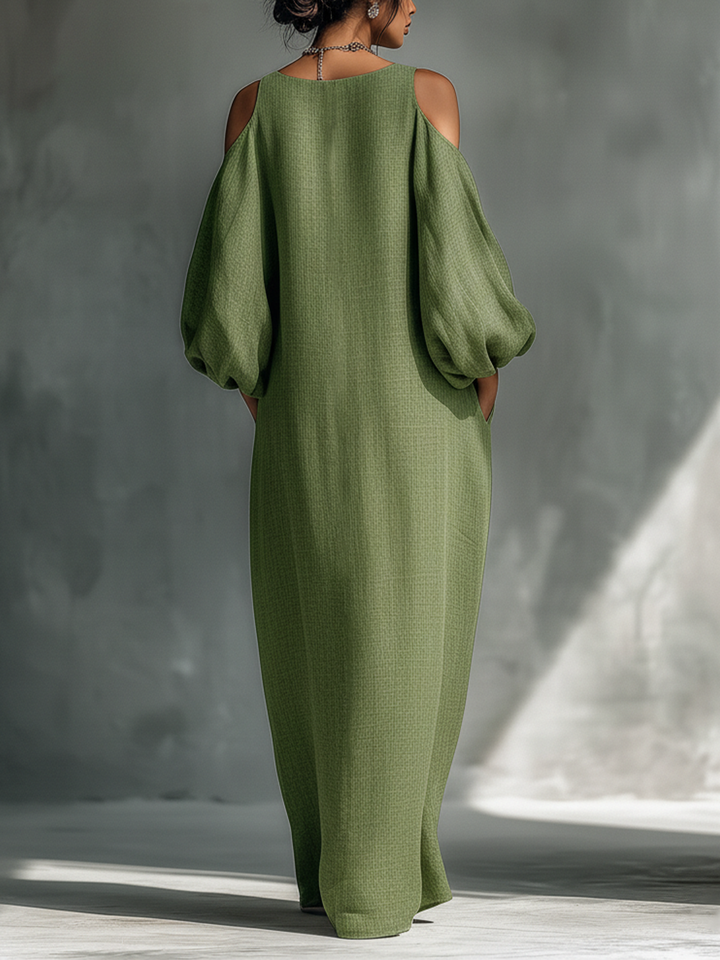 Oversized Puff Sleeves & Side Pockets Cold-Shoulder Maxi Dress