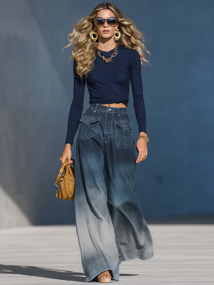 Casual Fashion Gradient Washed Denim Blue Gray Loose Pants