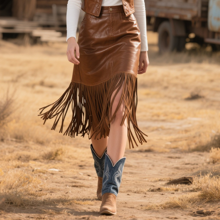 Kvinders Country Boheme Læder Frynser Nederdel