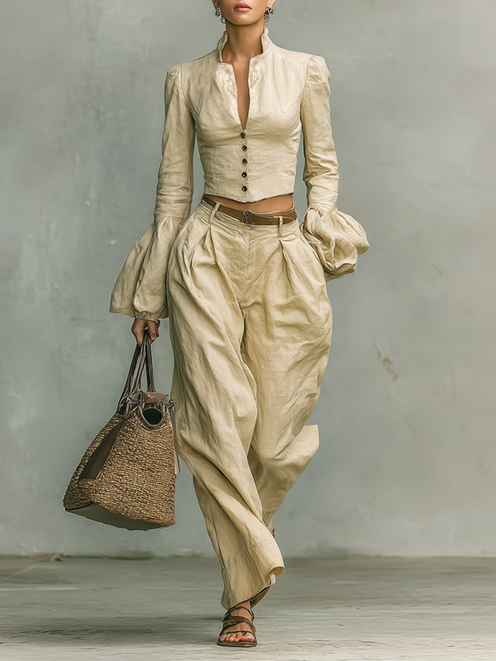 Women's Retro Linen-like Fabric Stand-up Collar Single-breasted Shirt Trousers Two-piece Set