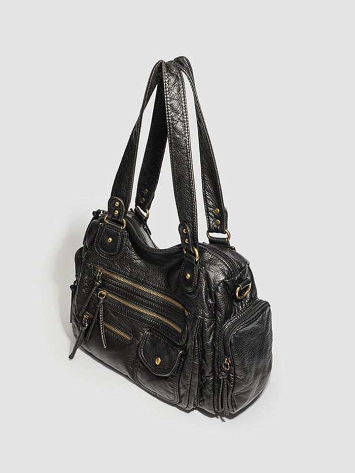 Women's Fashionable Distressed Multi-pocket Leather Handbag