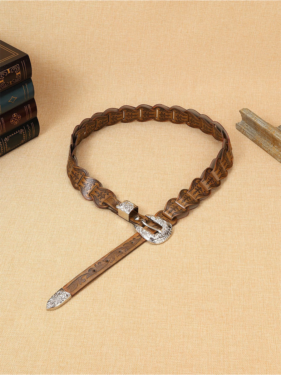 Women's Elegant Western - Style Faux Leather Floral - Embossed Waist Belt