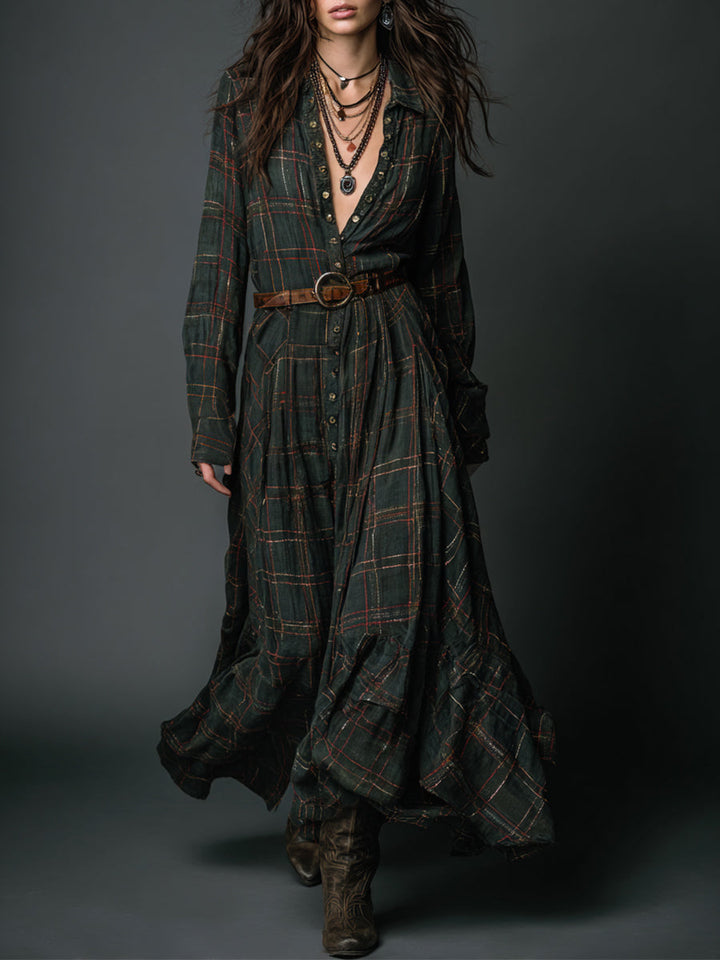 Retro Plaid Printed Cotton Mixed Single Breasted Maxi Dress