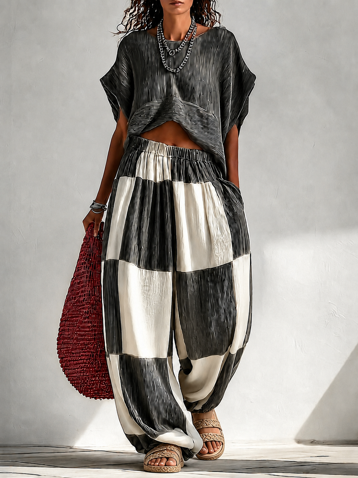 Pleated Colorblock Wide-Leg Set